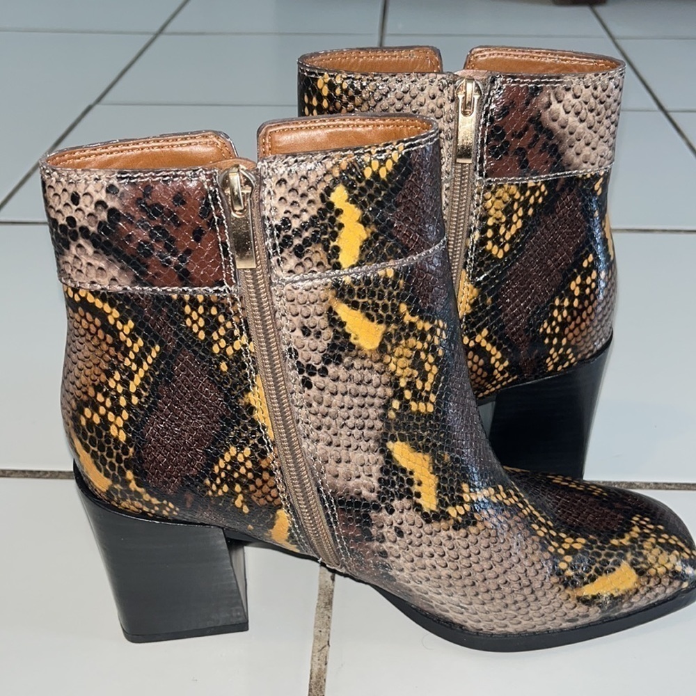 Franco Sarto Snakeskin Block Heel Square Toe Generous Bootie. - Picture 10 of 14